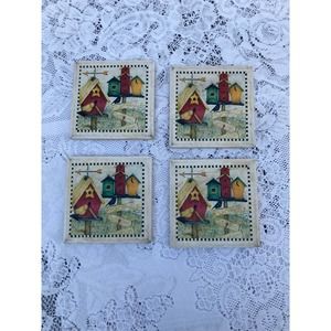 Farmhouse Ceramic Coasters Bird Houses Set of 4‎